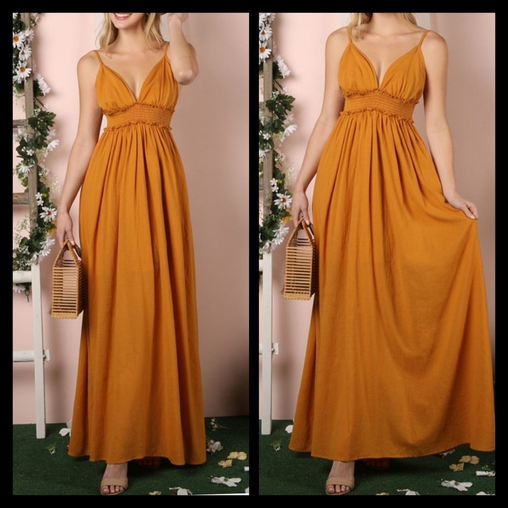 Ninexis 3X Boho Empire Waist Maxi Dress – Mustard V-Neck NWT